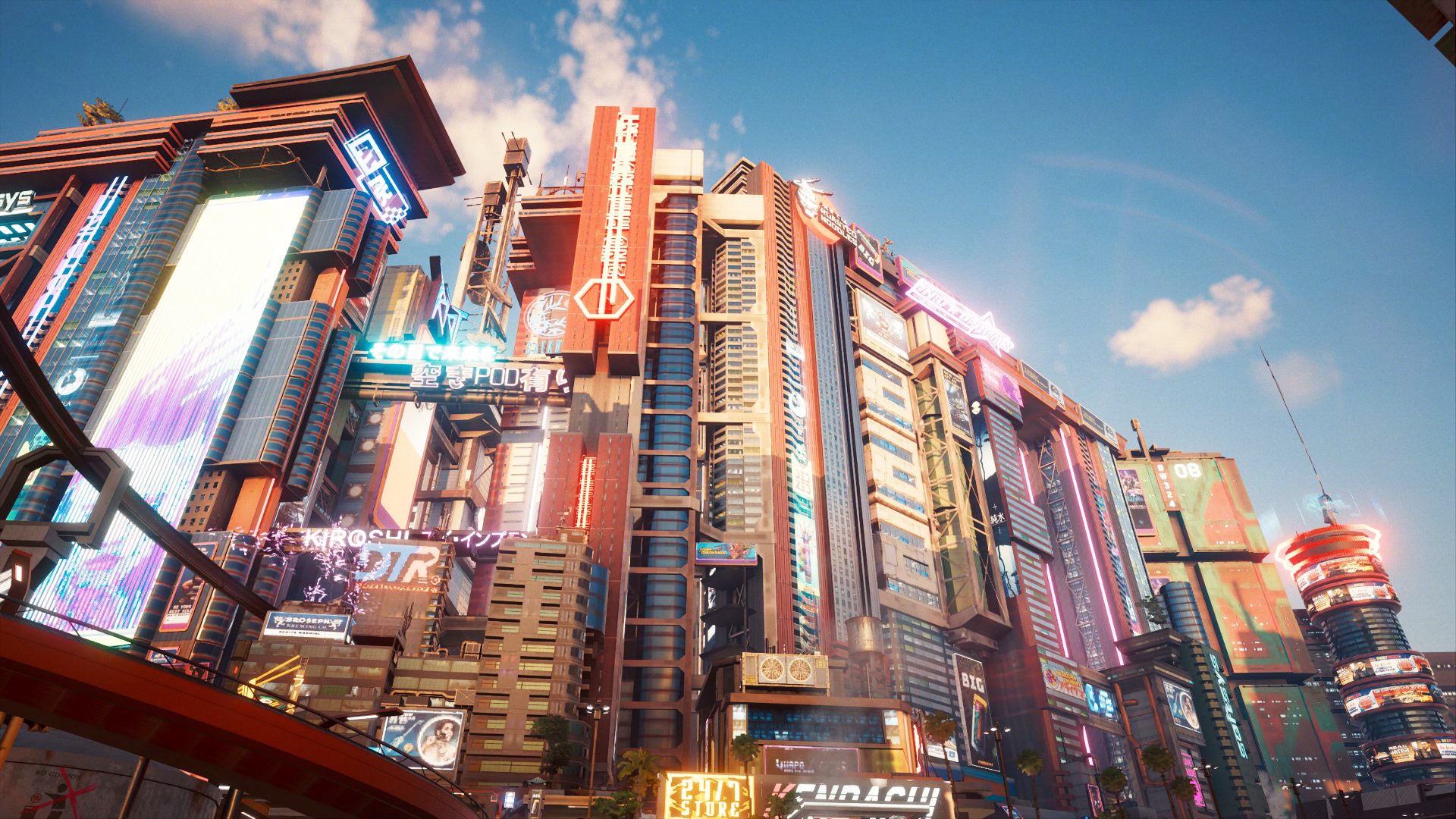 The Night City skyline of Cyberpunk 2077, seen here running on an Xbox Series X.