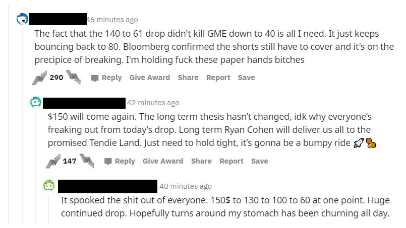 Some WallStreetBets commenters were shook after today’s market volatility. 
