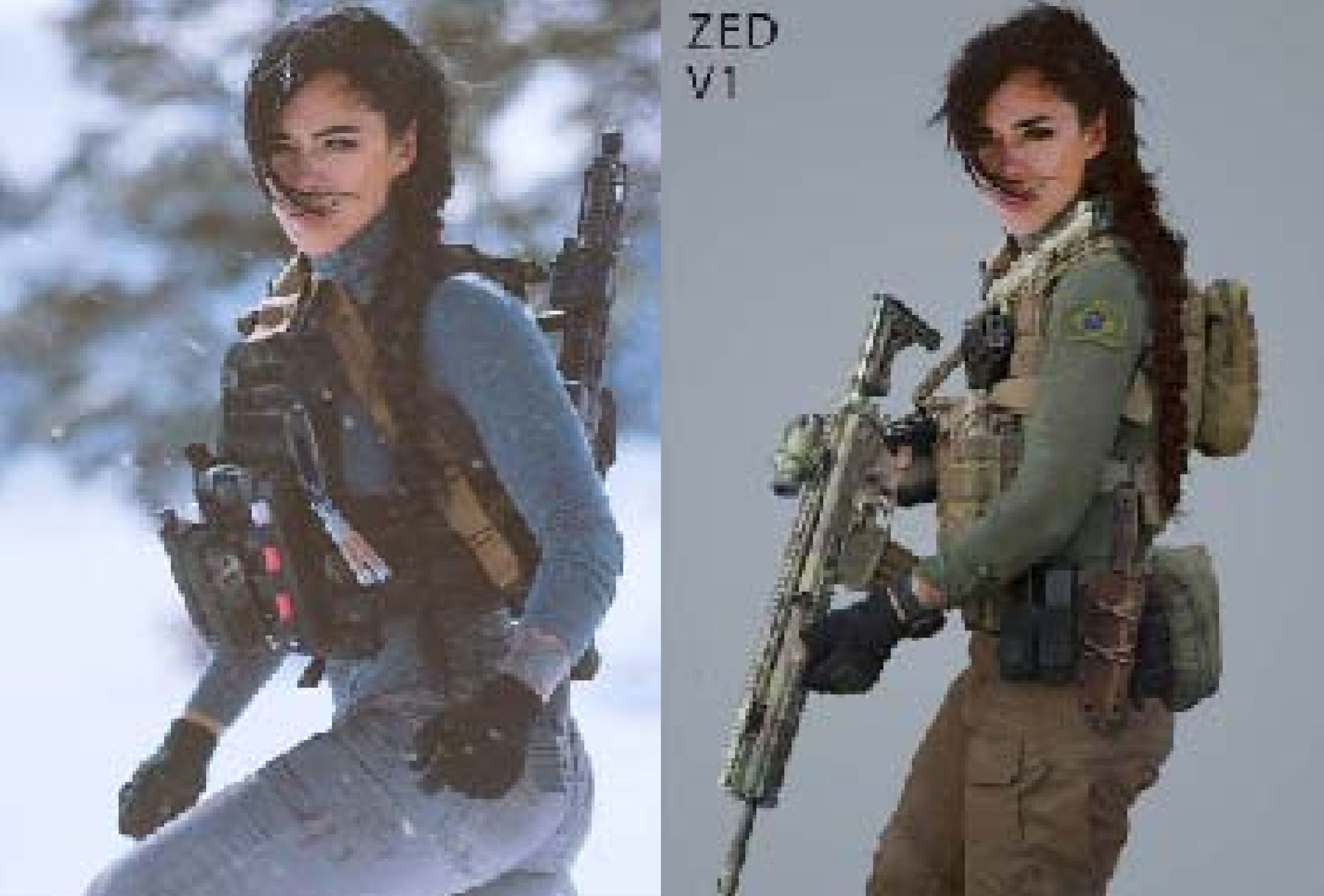 L: an image from Haugen’s original photoshoot, R: a 2019 photo taken for Call of Duty, featuring the same actor.