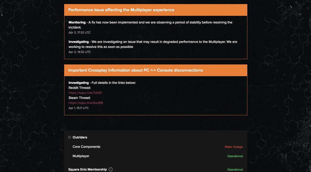 Hopefully this page, the Outriders status checker, will be empty some day soon.