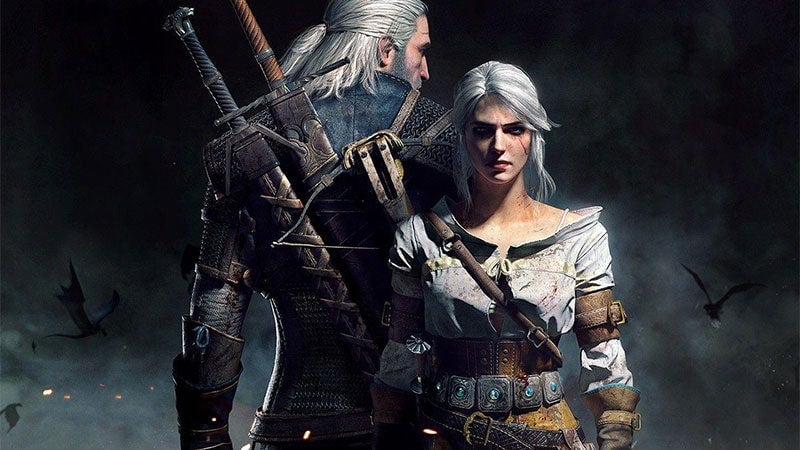 Geralt stands behind Ciri.