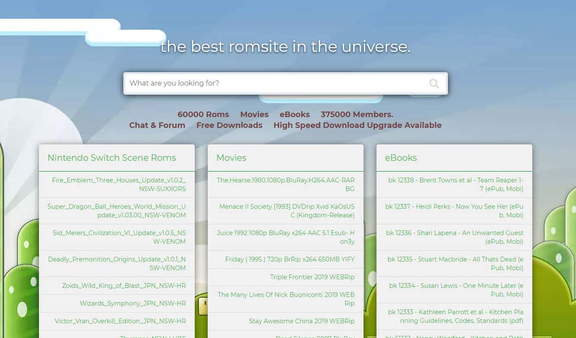 RomUniverse as it appeared in 2019, hosting not just Nintendo ROMs but also pirated movies and books.