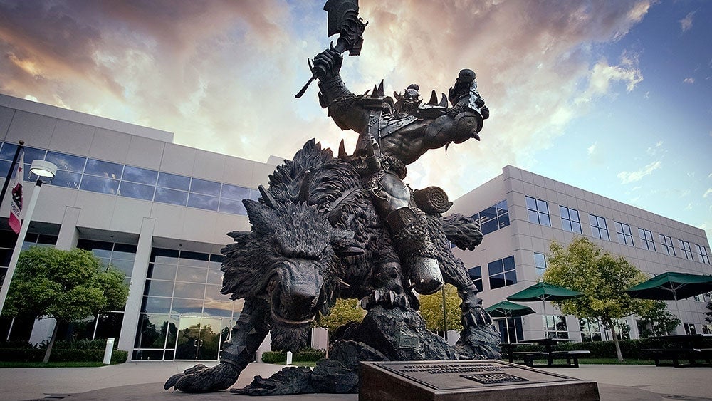 The iconic Blizzard orc statue issues a rallying cry.