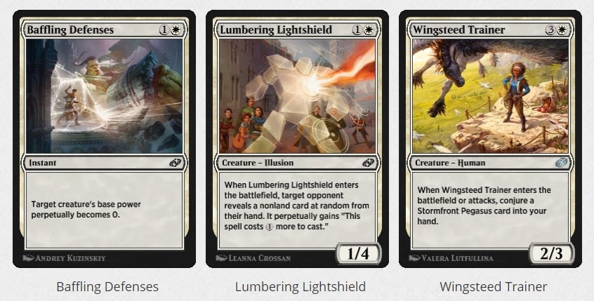 Three new white mana cards showing off some of the new digital-exclusive mechanics. 