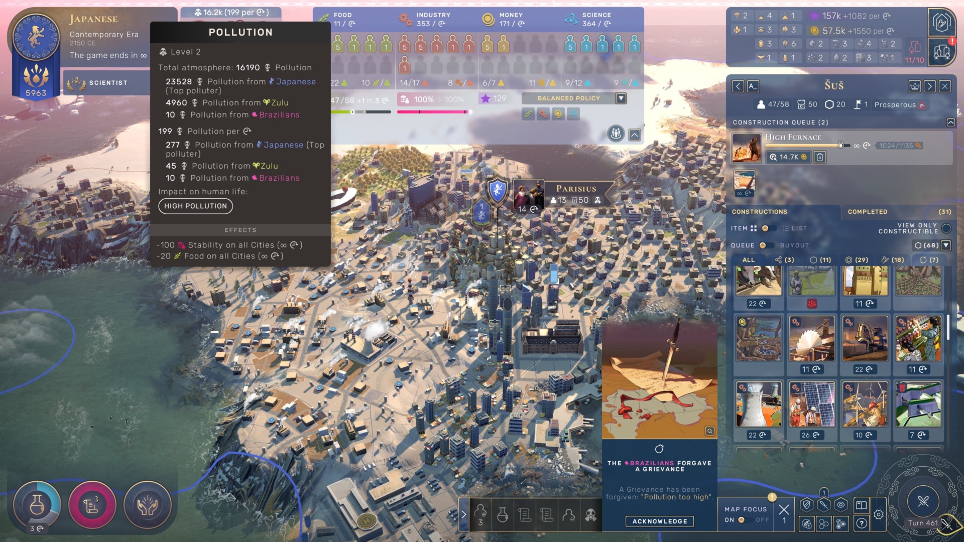 The game does track pollution, and there are drawbacks to it like reduced stability, but I wish Humankind had gone harder on climate change