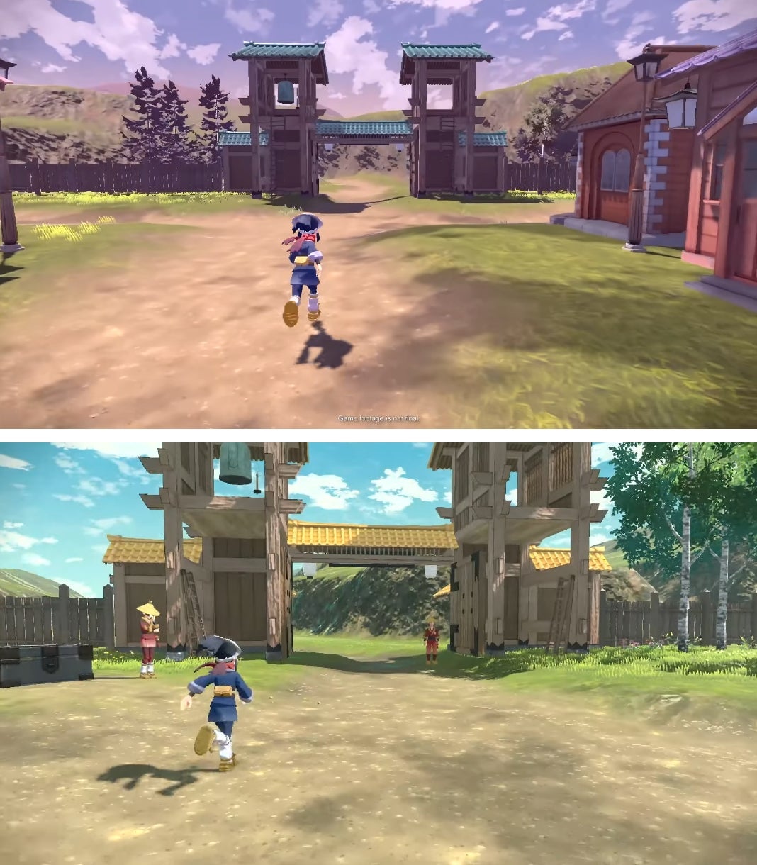   Arceus’s hub village as shown in the first trailer (top) vs. the second one (bottom). 