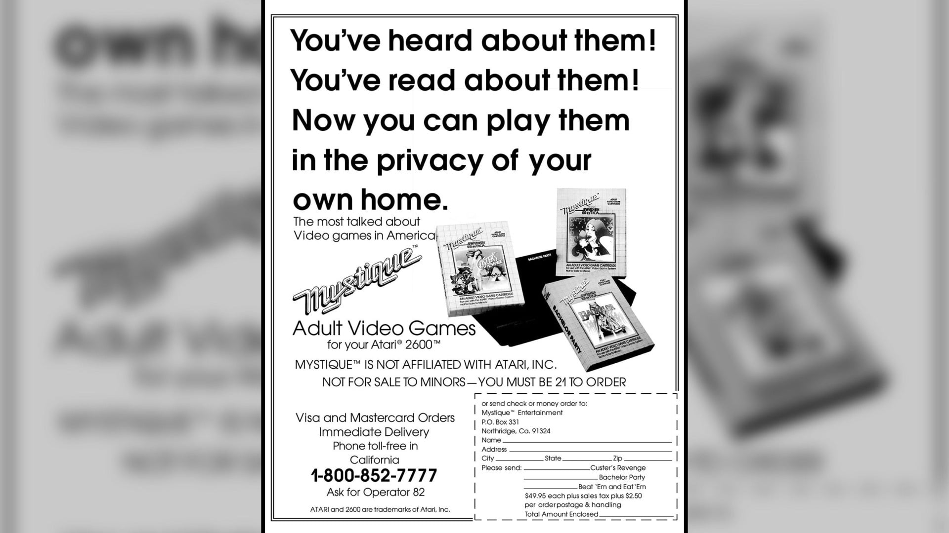 A November 1982 newspaper ad solicits the reader to order the Mystique games by mail.