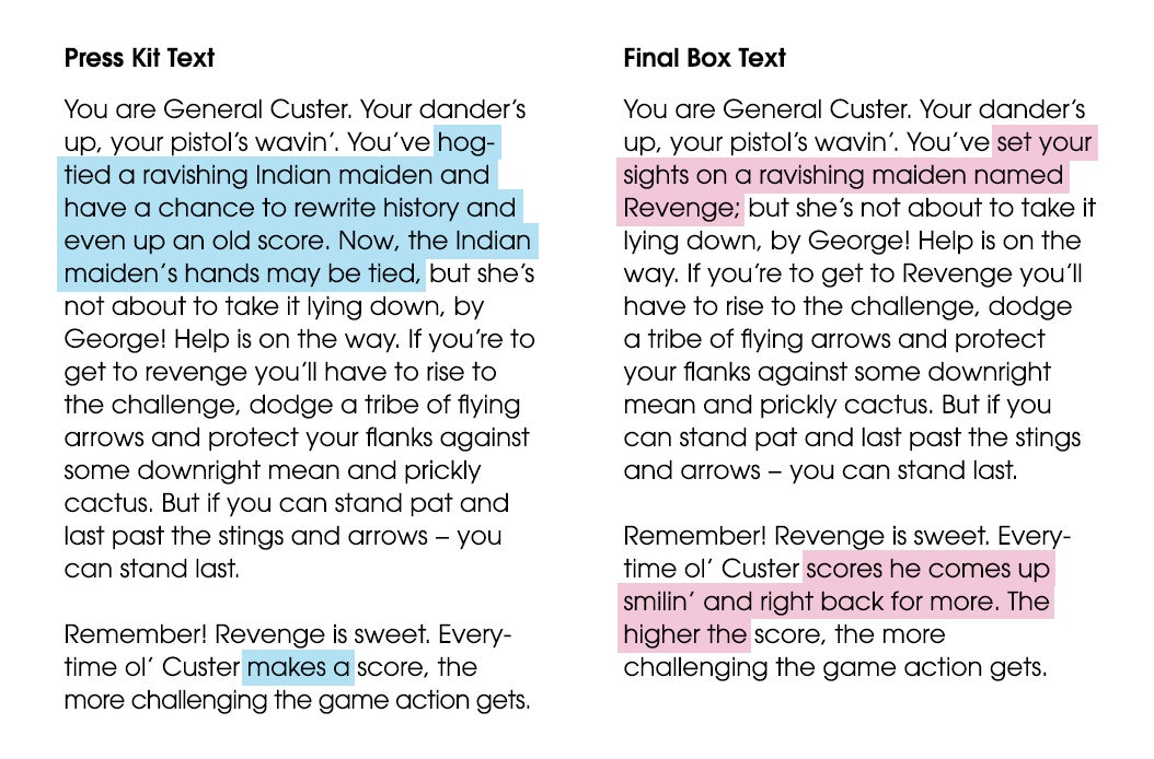 A comparison between the pre-release and retail Custer’s Revenge box copy shows telling differences.