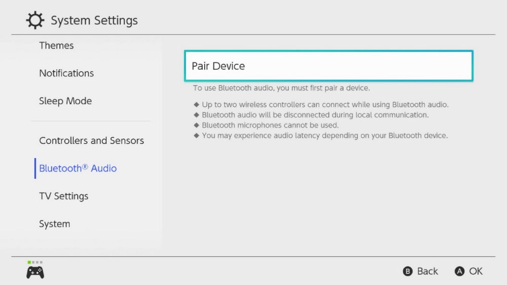 Pictured is the System Settings menu screen to pair Bluetooth audio.
