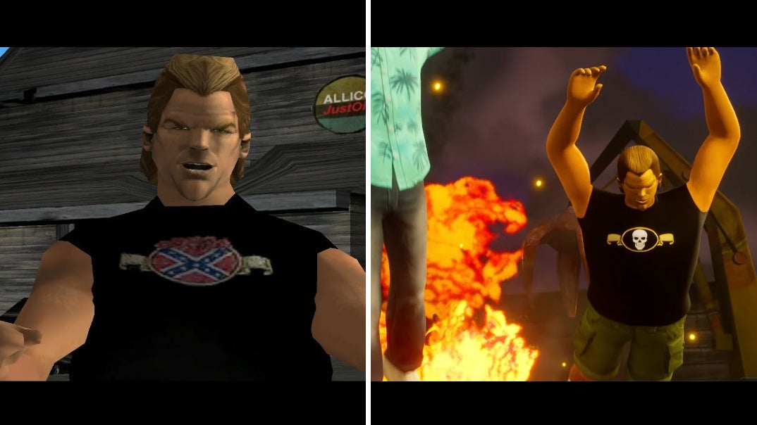 Phil Cassidy in the original version of GTA: Vice City (left) compared to how he appears in the remaster (right). 