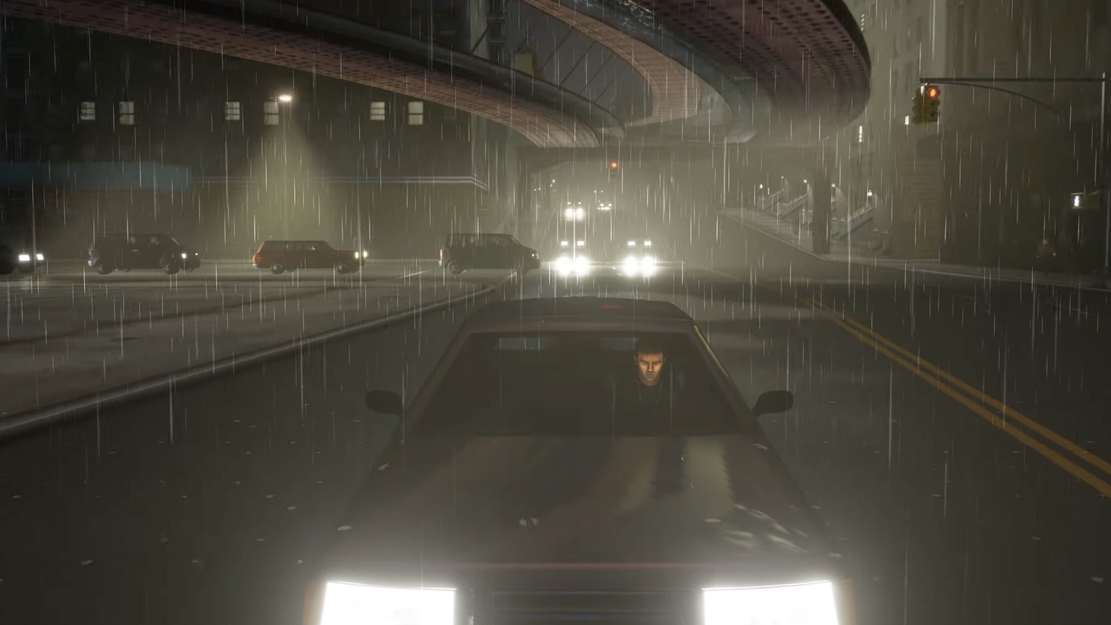 Confirmed: Driving around in the rain is still a thing in the Definitive Edition of GTA III.