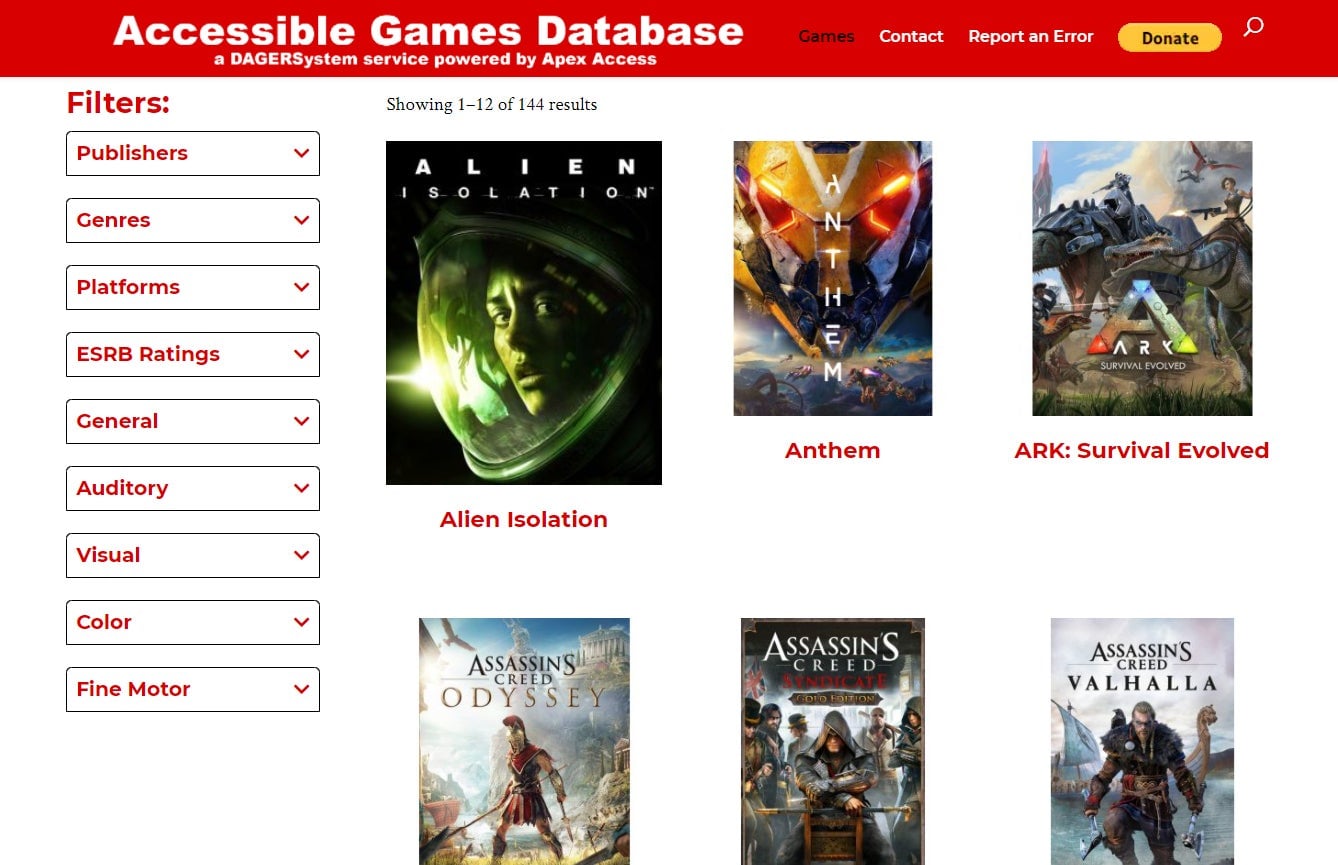 The database’s filters allow users to search games by their ratings, genre, and accessibility features. 