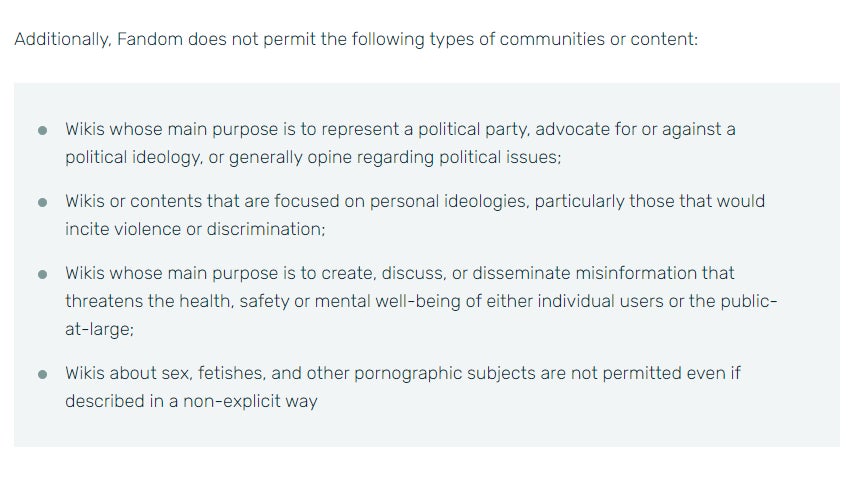 Screenshot of Fandom’s community creation policy, which was updated in October.