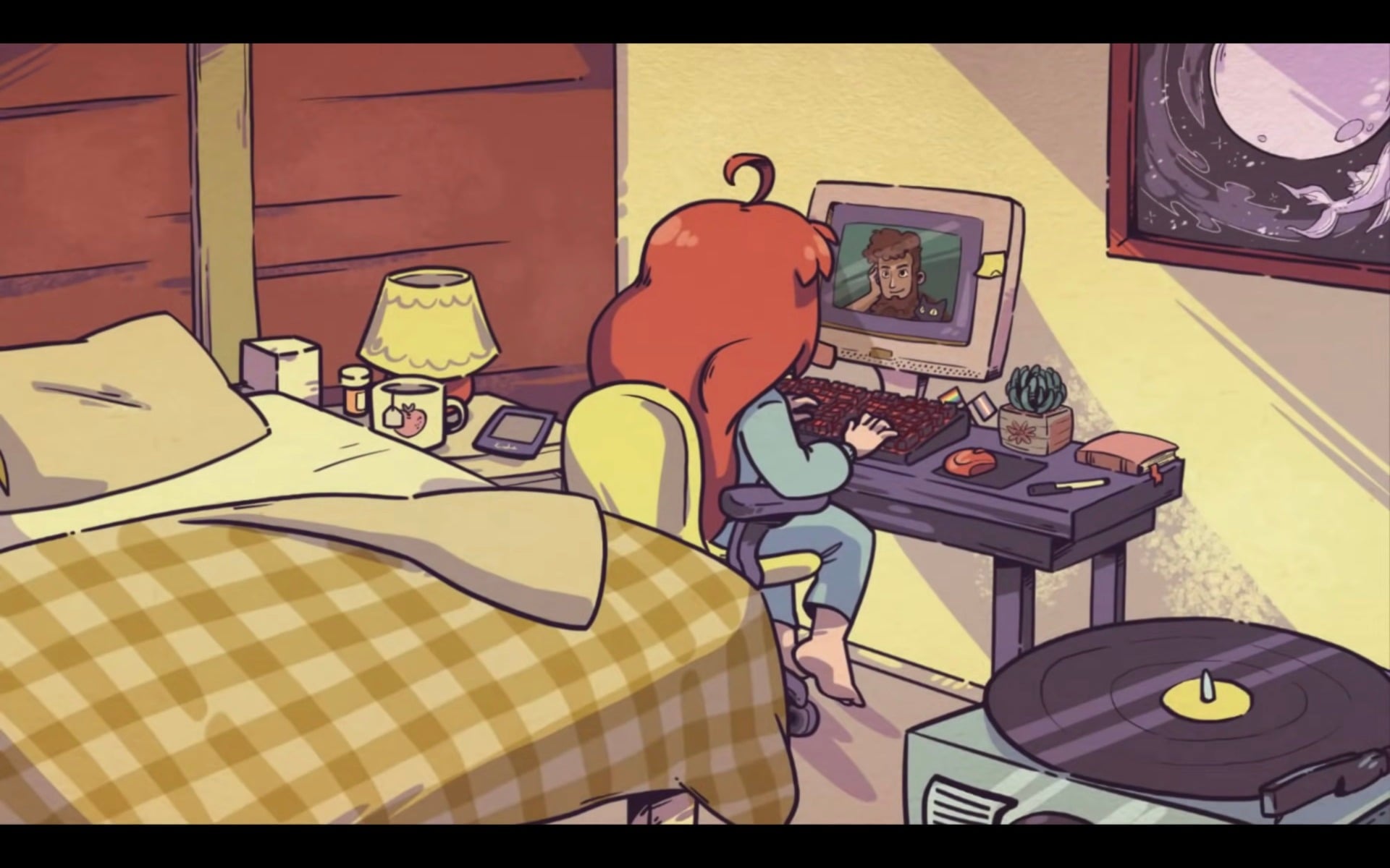 Miniature Queer and Trans Pride flags can be seen near Madeline’s keyboard in this image from the ending of Celeste’s Chapter 9 update.