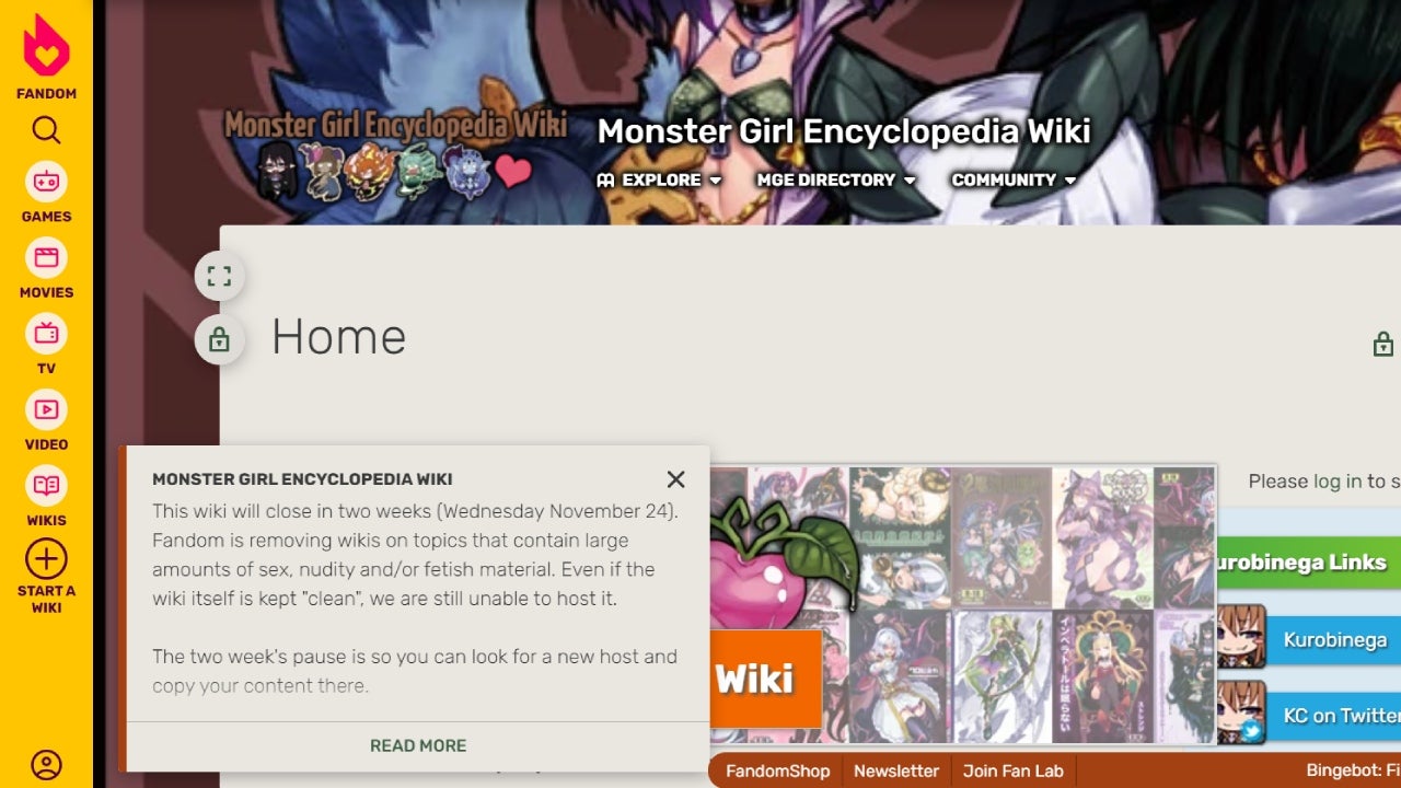 Monster Girl Encyclopedia and other wikis that have been deemed by Fandom to have violated its new community creation policy have received this pop-up message on their pages.
