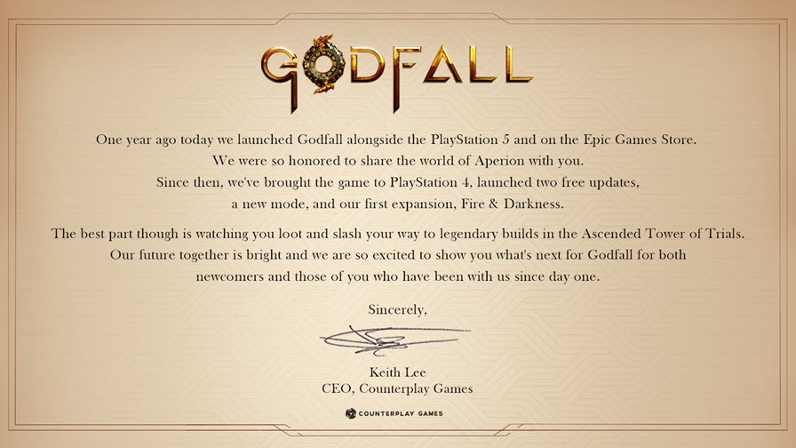 Counterplay sent out this letter to players on Godfall’s first anniversary. 