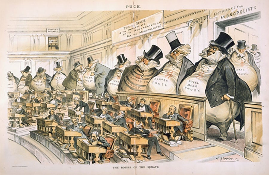 An 1889 political cartoon showing big industry looming over the U.S. Senate.