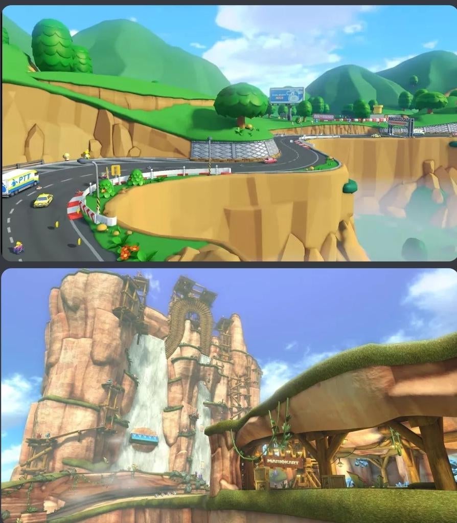 Shroom Ridge added from Mario Kart 7 (top) compared to Shy Guy Falls currently in Mario Kart 8 Deluxe (bottom). 