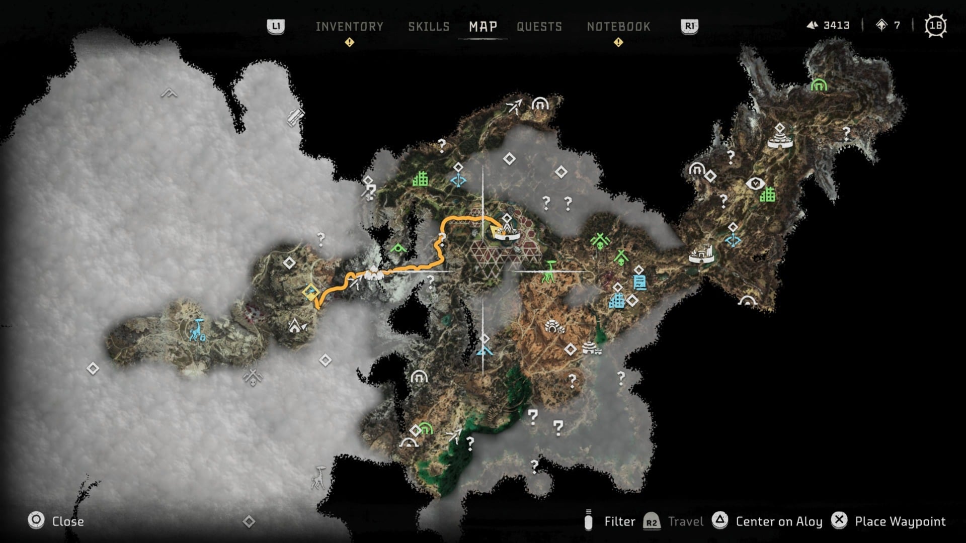 This is just part of Forbidden West’s map, all the way zoomed out. The entire thing can’t fit in one screenshot.