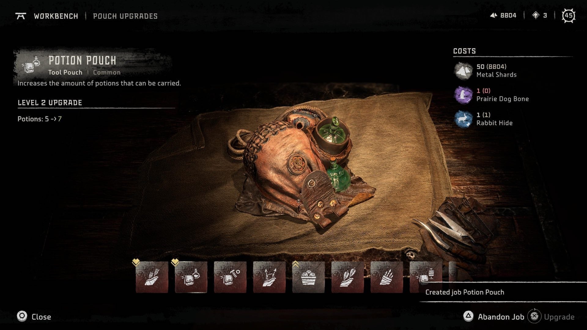 Pouches you’ve set a job for are marked by the little heart. Pouches you have enough resources to upgrade have two arrows.