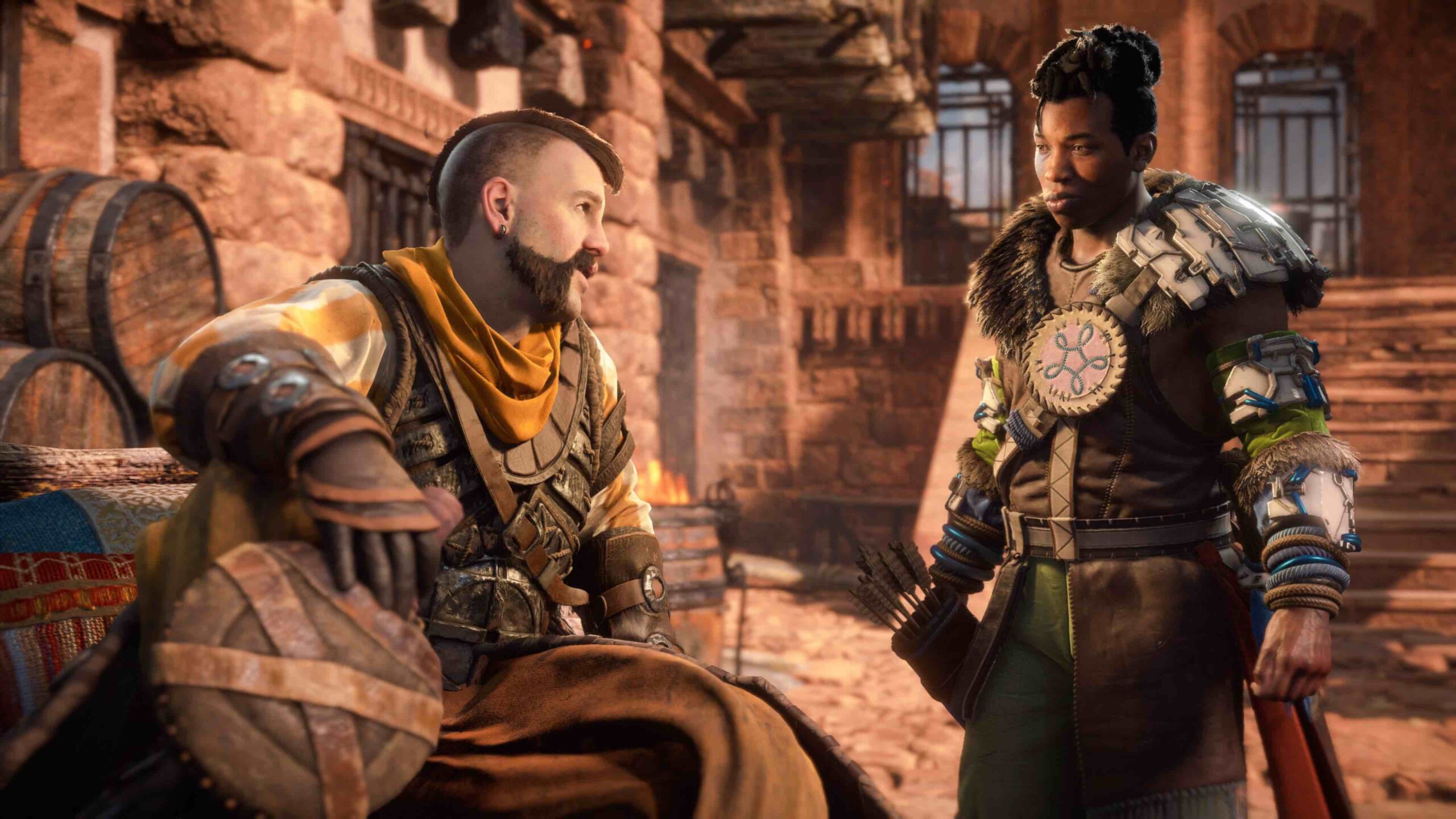 Zero Dawn fan-favorite Varl (right) makes a reappearance, as does Erend (and his tendency to always be on the verge of a booze-induced blackout).