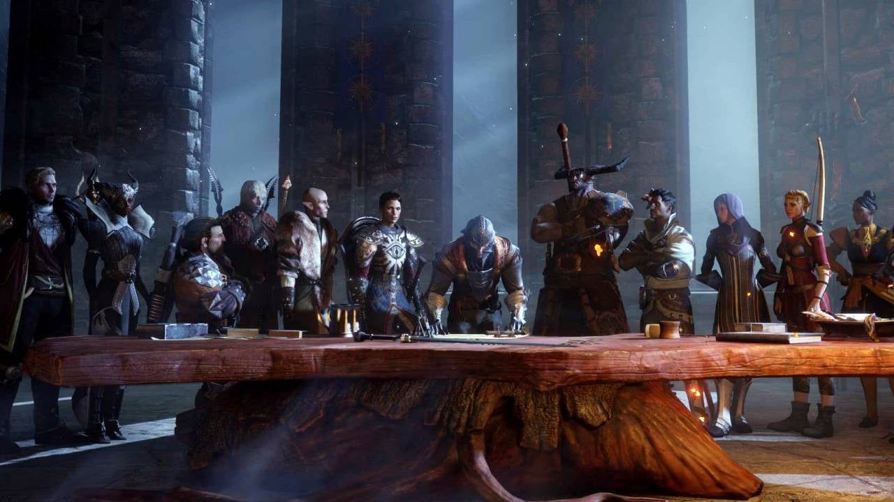 Dragon Age characters gather at a table.