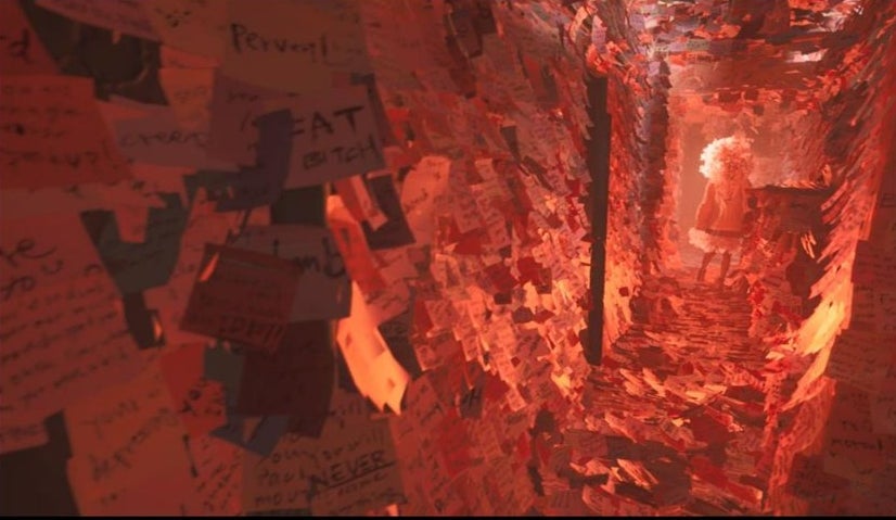 A leaked Silent Hill image from sleuther Dusk Golem showing some girl standing at the end of a very red, sticky note-lined hallway, maybe hinting that she is a central character to the game’s story.