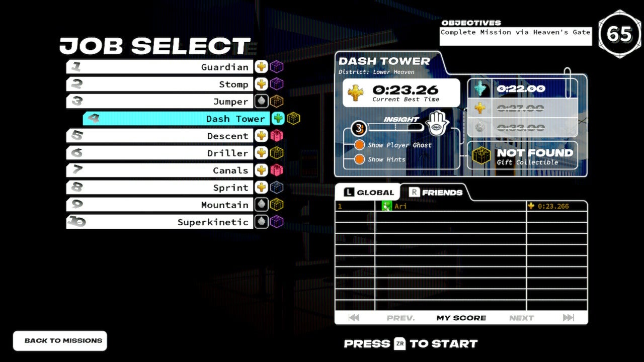 The job selection board will show you all levels affiliated with a mission, plus all the info you need to know about your ranking, whether you’ve found a gift, and so on.