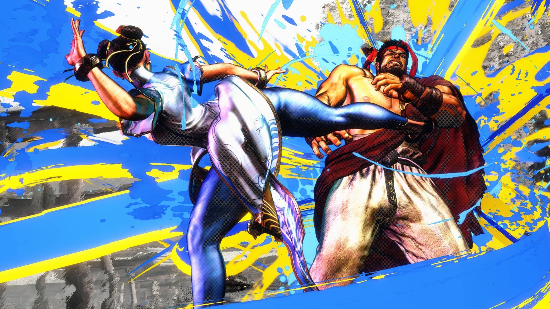 Chun-Li kicks Ryu.