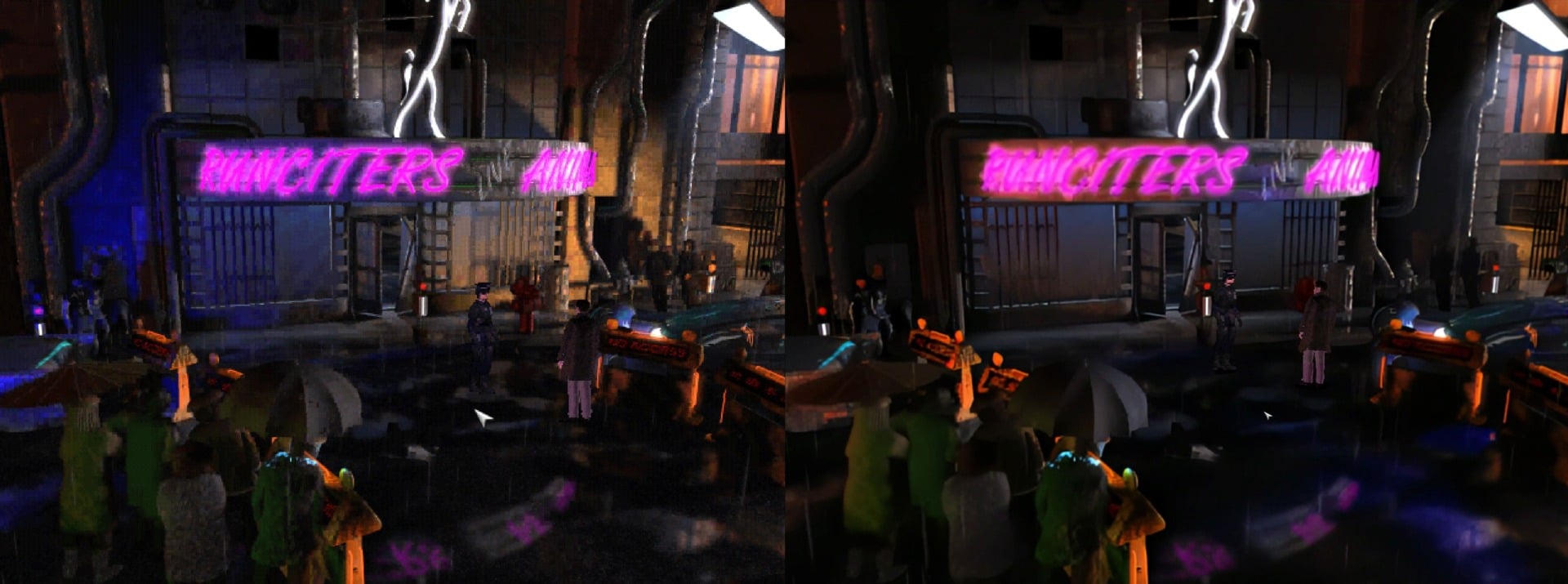 The original game is on the left, with the Enhanced Edition on the right. Notice how much character is lost by smudging out things like the lighting and weather effects (and the fact you can no longer read the flashing red street sign)