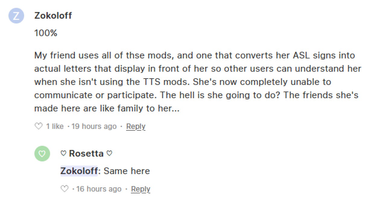 Two users share unhappy sentiments on VRChat’s feedback site.