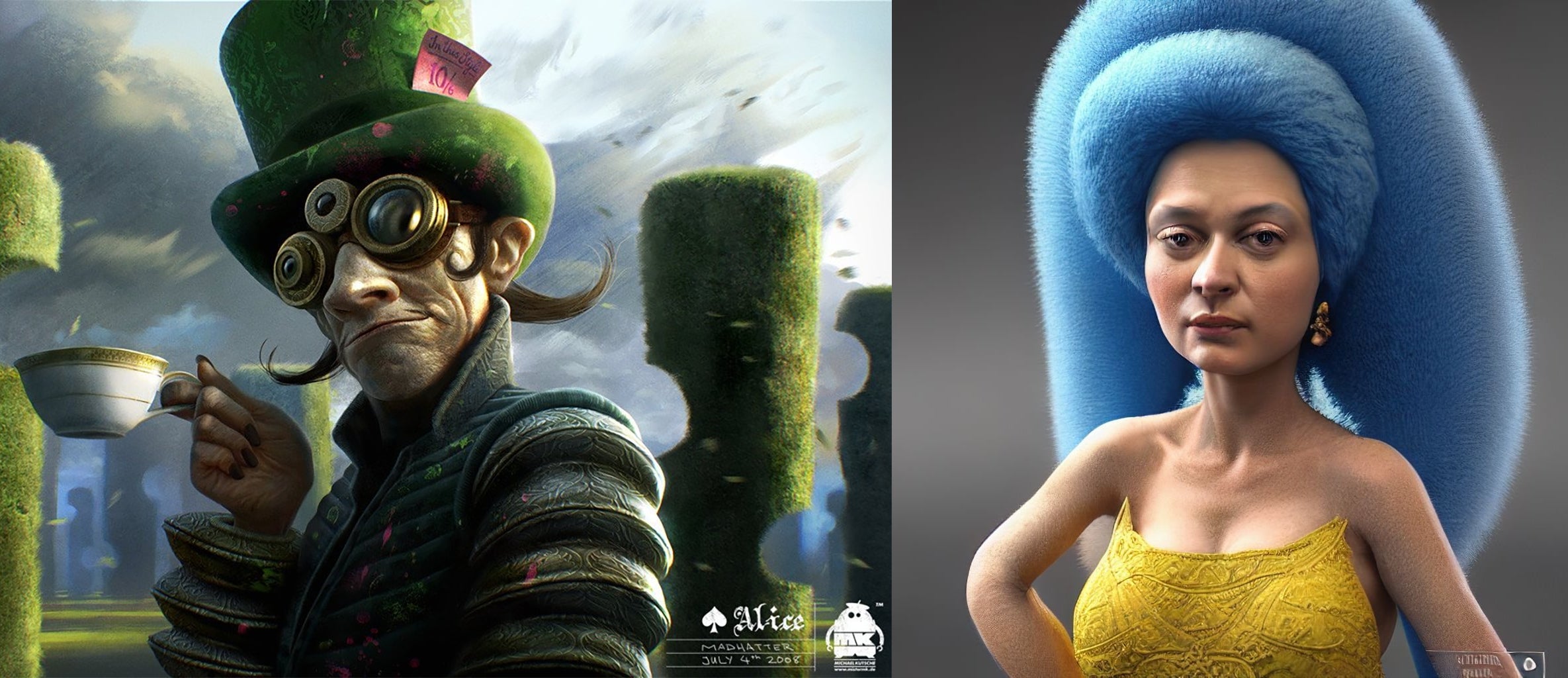 On the left is a piece by award-winning Hollywood artist Michael Kutsche, while on the right is a piece of AI art that’s claimed to have copied his iconic style, including a blurred, incomplete signature