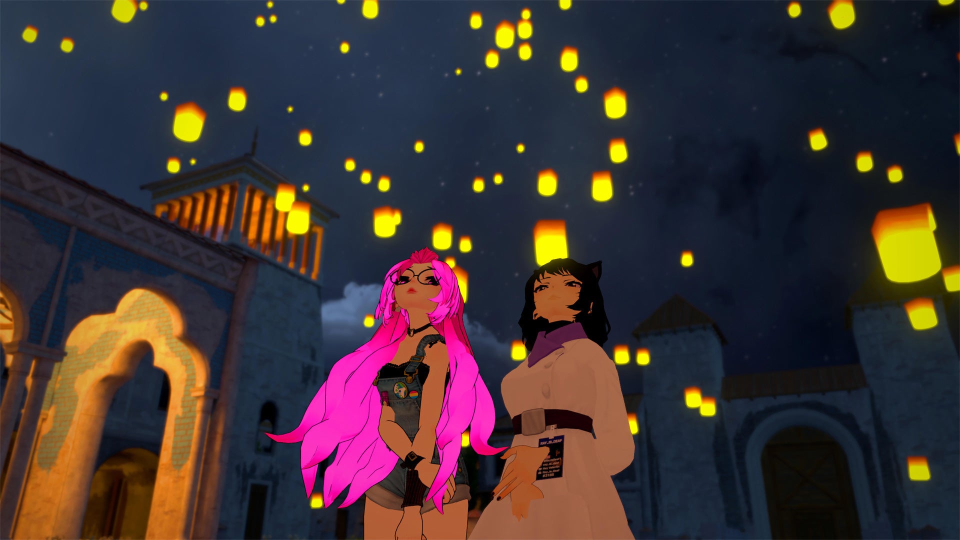 Jenny and Ray gaze up at the lanterns.