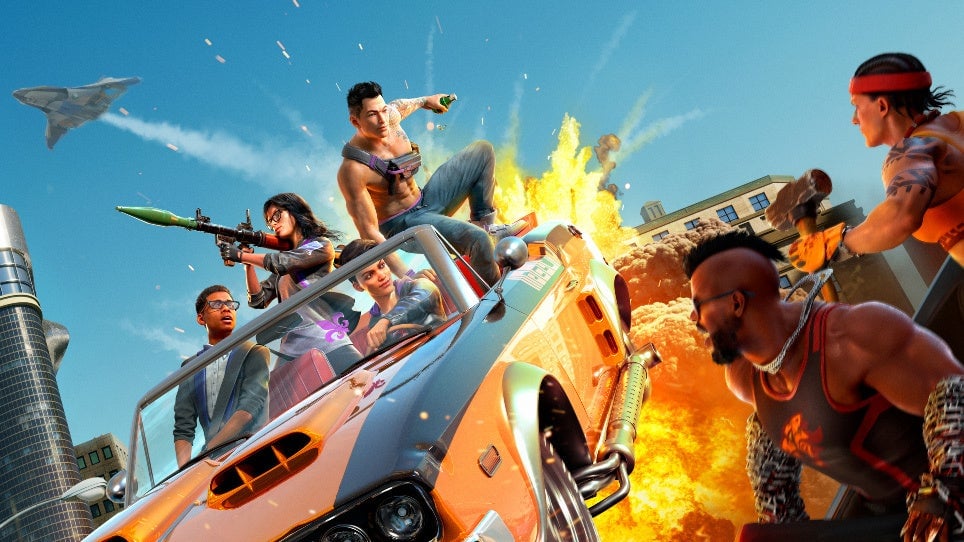 A car explodes as people fire guns.