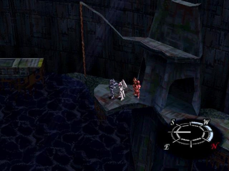 Babel Tower, one of Xenogears’ more infamous platforming segments. Note the compass in the corner, which denotes the player’s orientation in 3D space.