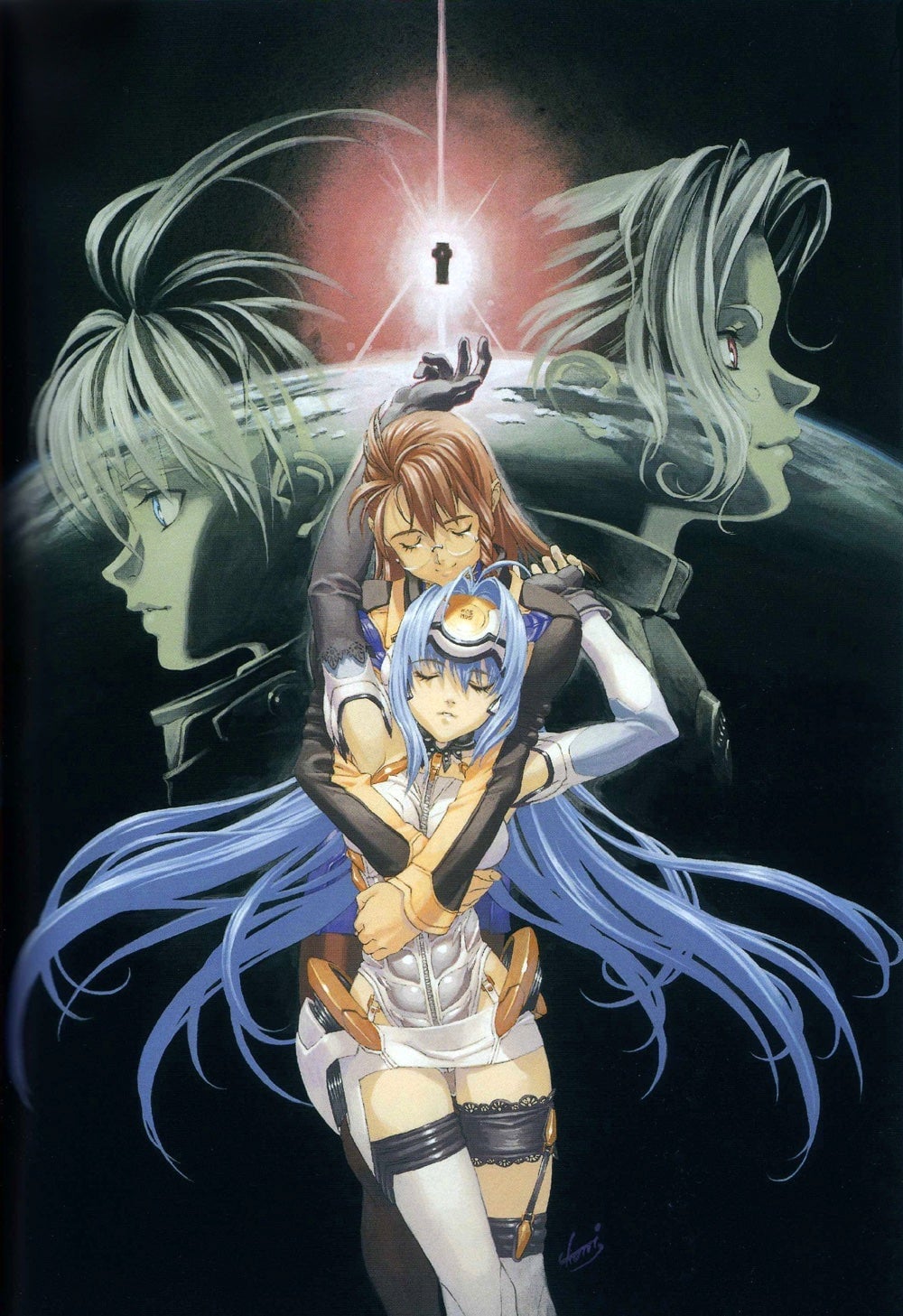 Official art of Xenosaga’s two primary characters, Shion Uzuki and KOS-MOS, by lead character designer Kunihiko Tanaka. Tanaka also designed the characters for Xenogears.