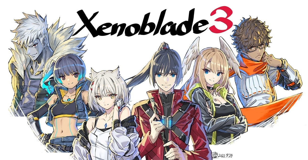 The cast of Xenoblade 3, illustrated by lead character designer Masatsugu Saito to commemorate the game’s launch.