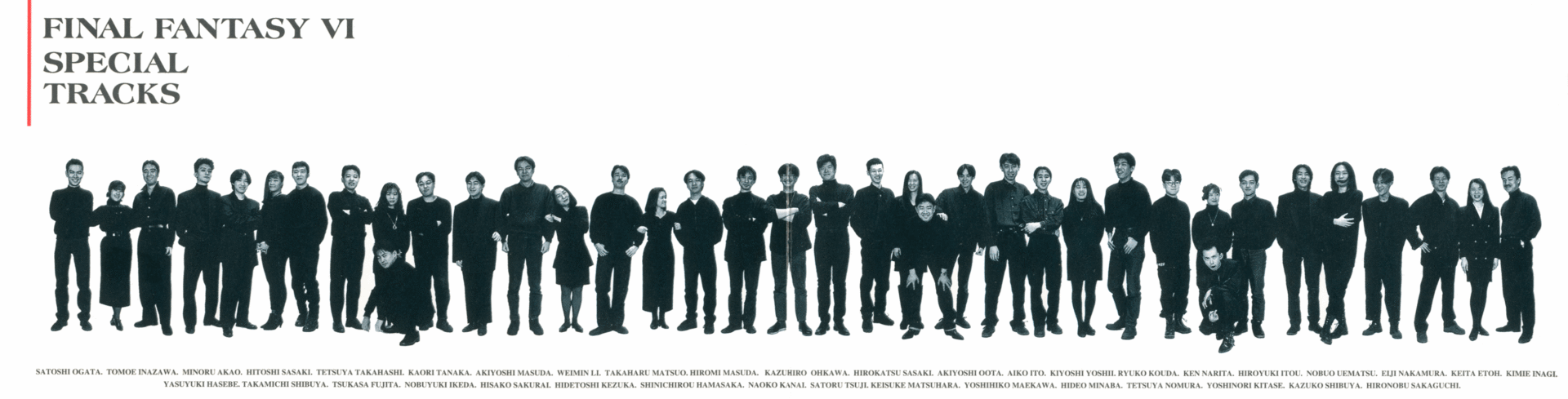A photo of the Final Fantasy VI staff. Takahashi is fifth from the left, and Saga is next to him.