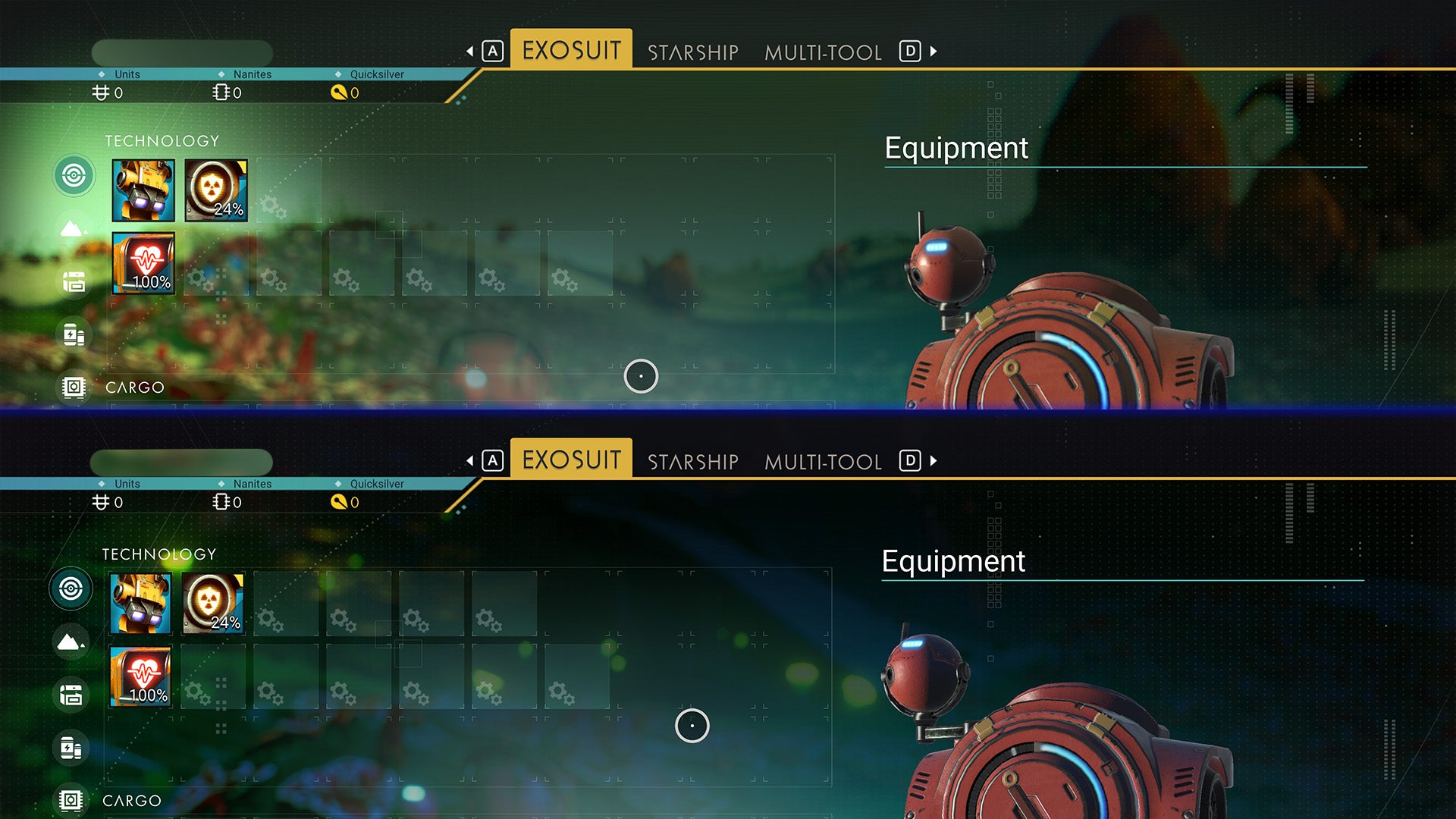 Pictured: Above is the more limited inventory of the current build. Below reveals the expanded slots in the experimental version.