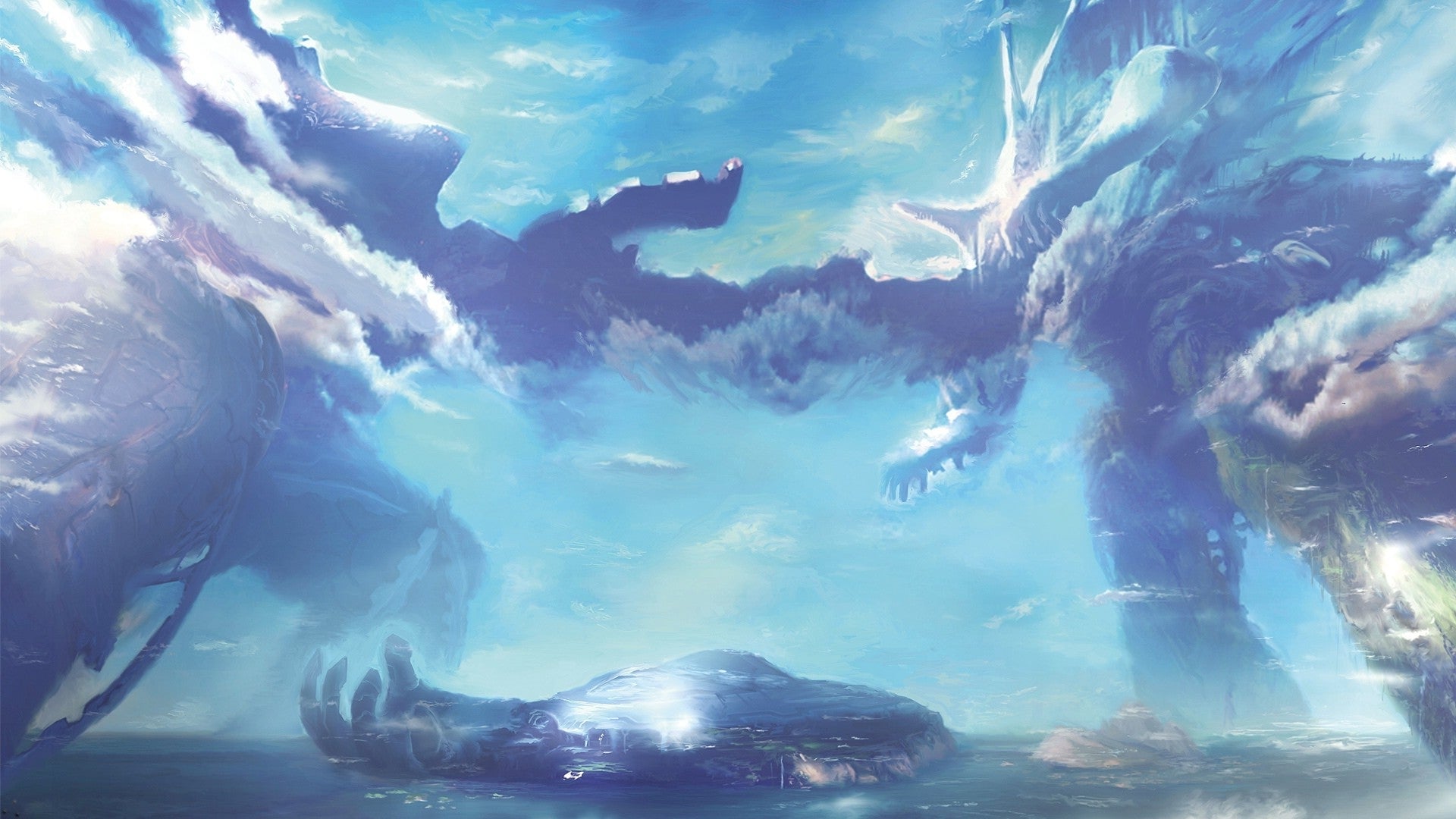 Concept art for Xenoblade Chronicles, featuring the titans Bionis and Mechonis, the bodies of which comprise the game’s overworld.