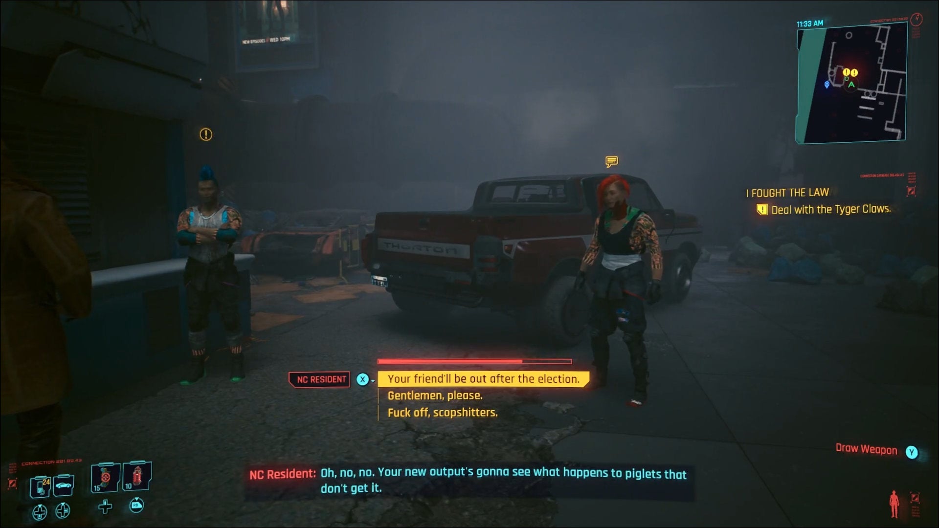 If you don’t have this dialogue option available, you can choose to stay quiet to avoid violence.