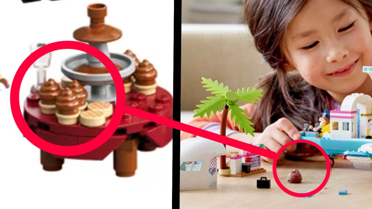 Left: The poop piece being used as a cupcake, Right: The poop piece as dog crap in a Friends set.
