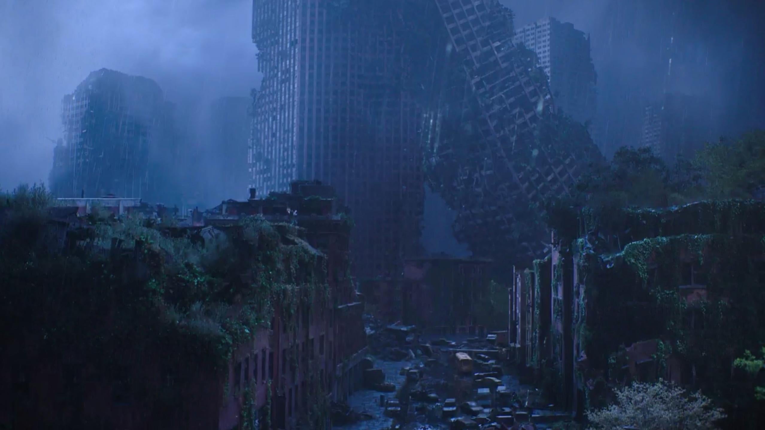 And here’s the leaning skyscraper image as it appears in the final moments of the first episode.