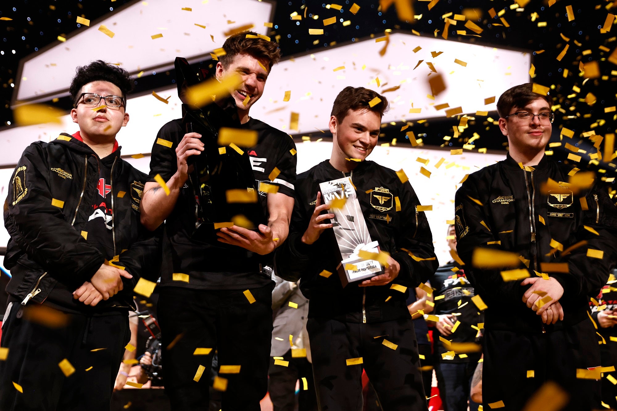 Atlanta FaZe celebrate after defeating Toronto Ultra in the Call of Duty League Championship Final at Galen Center on August 22, 2021 in Los Angeles, California