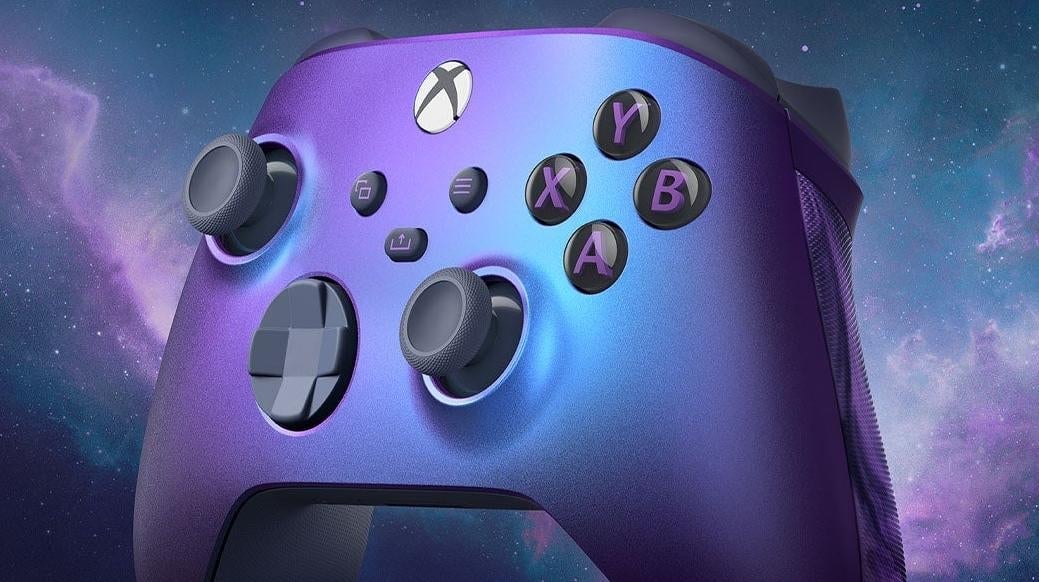 A purple Xbox controller appears in space.