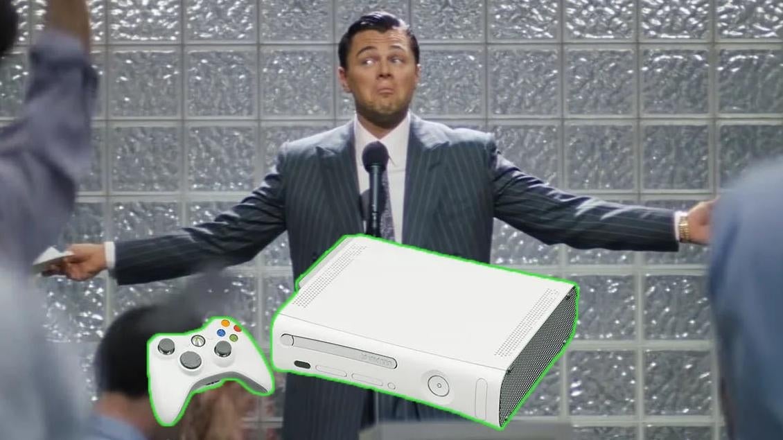 An Xbox 360 appears in front of Leonardo DiCaprio