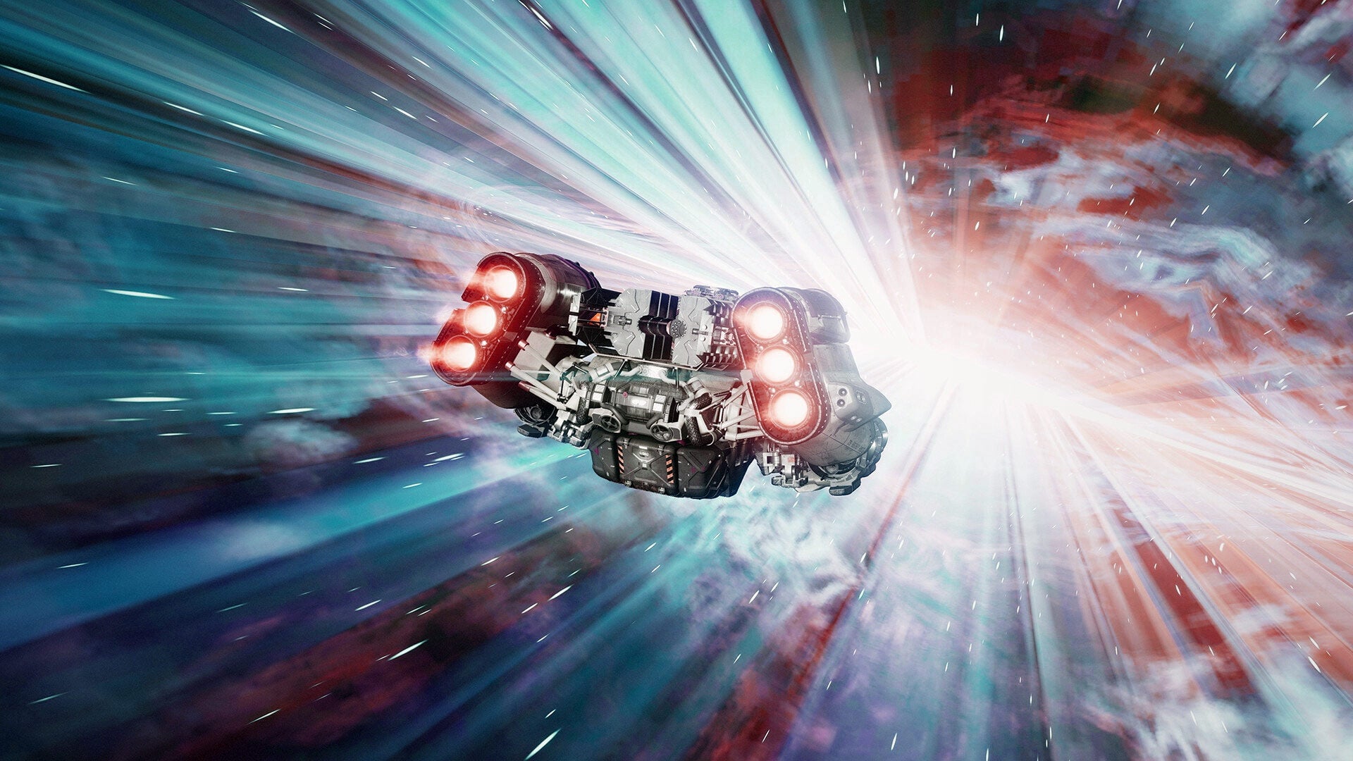 A ship flies through hyperspace.
