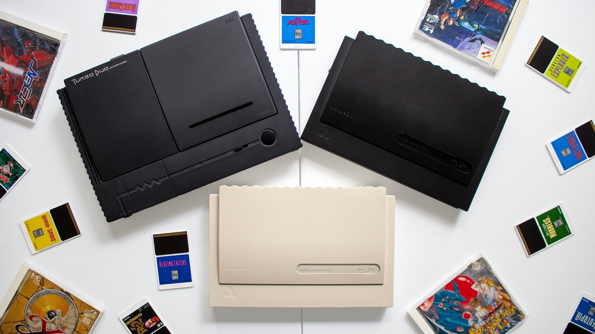 An original NEC TurboDuo alongside two Analogue Duos and a variety of games. IRL the “white” model is actually fairly beige. I prefer the black colorway.