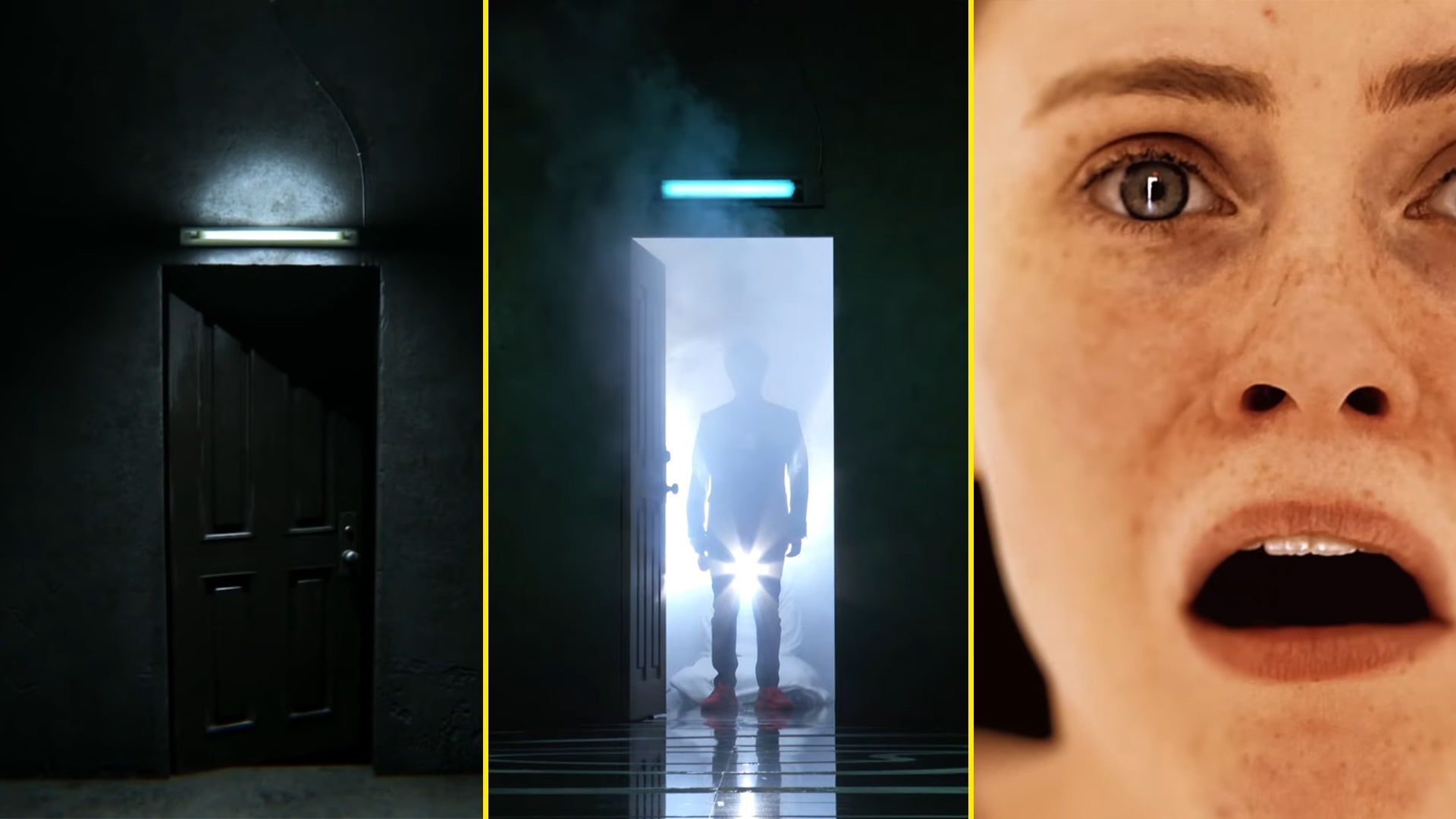Left to right: The door from P.T., the door from Kojima’s reveal of OD, a door in the eyes of Sophia Lillis during the OD trailer.