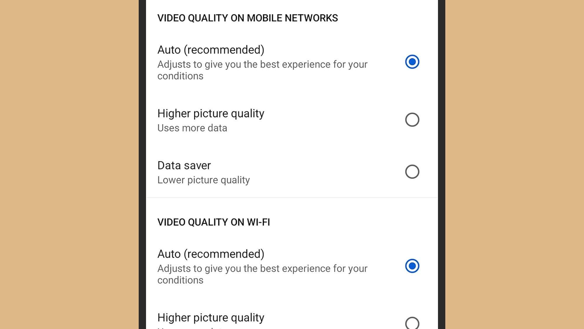 You can choose video quality on cellular and wifi networks.